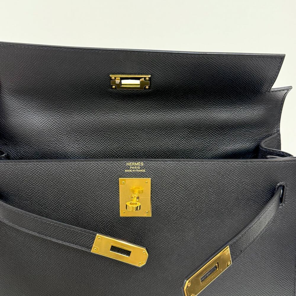 HERMES Kelly 32 Black Epsom Gold Hardware Handbag Leather Top Handle Crossbody - Picture 8 of 13